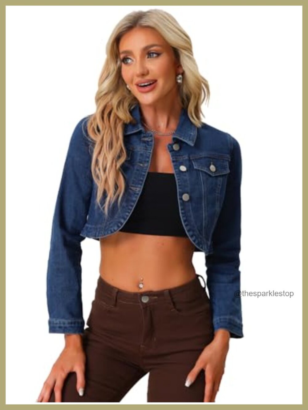 Allegra K Cropped Denim Jacket Casual Long Sleeve Curved Hem Women's